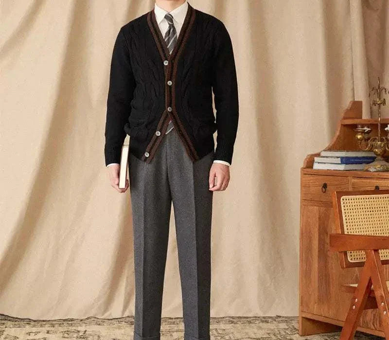 Antonios twisted knit cardigan, Italian vintage style in dark wool, men's fashion.