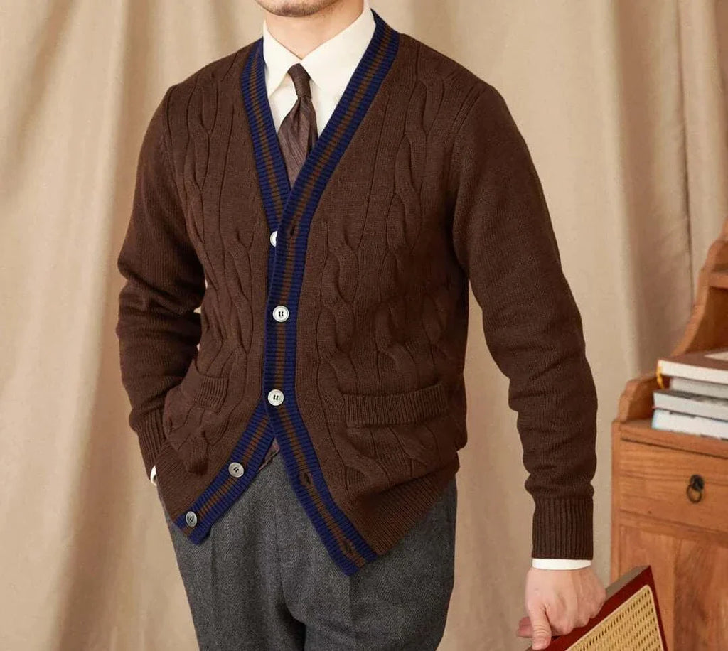 Antonios twisted knit cardigan in brown, Italian vintage style, men's fashion.