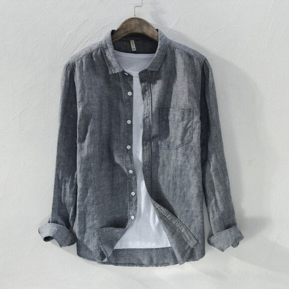 grey long sleeve casual shirt made of cotton and linen for men
