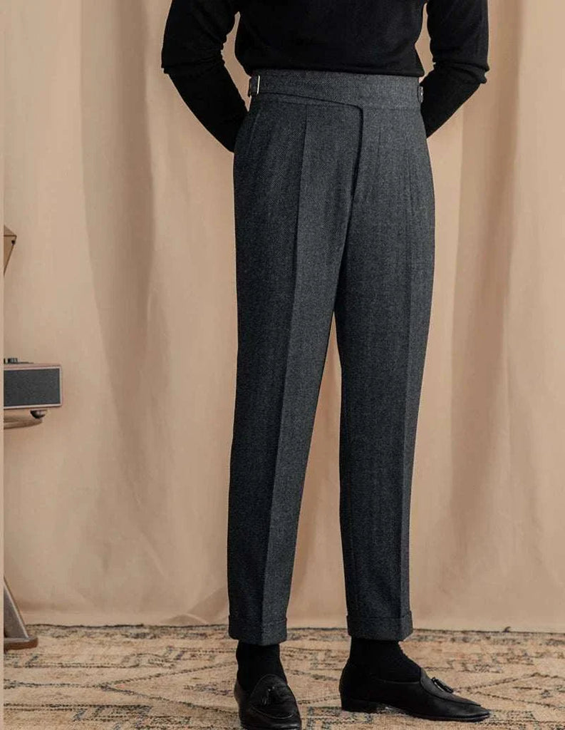Antonios vintage wool herringbone pants, full-length, smart casual style.