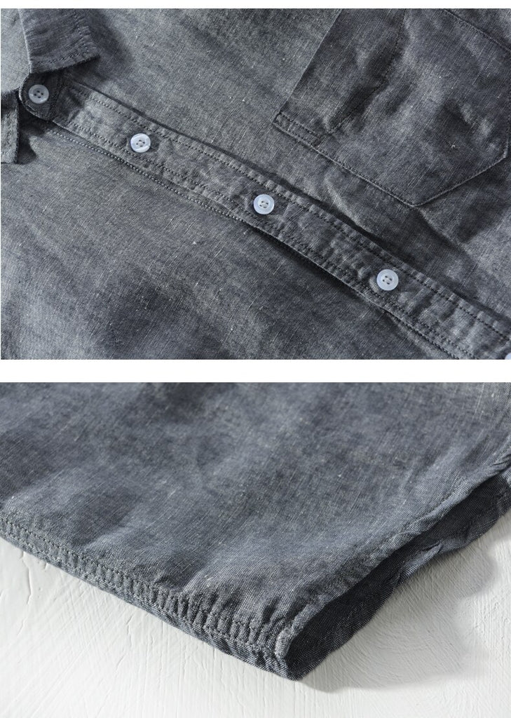 details of grey long sleeve casual shirt made of cotton and linen for men
