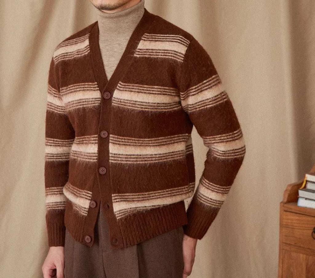 Antonios striped wool v-neck cardigan for men, winter essential.