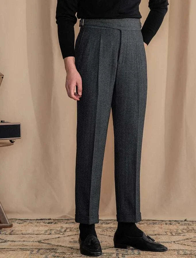 Antonios vintage wool herringbone pants with elegant, full-length design.