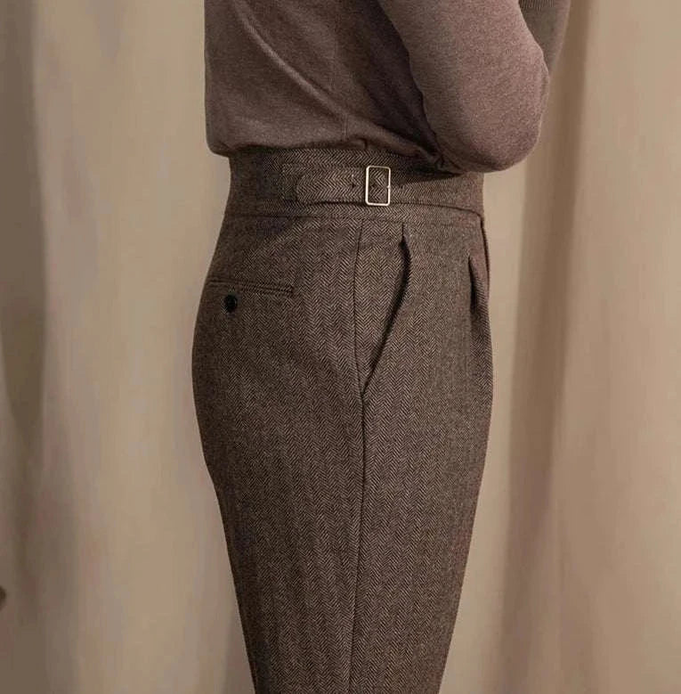 Antonios vintage wool herringbone pants in brown herringbone pattern, showcasing elegant and full-length style.