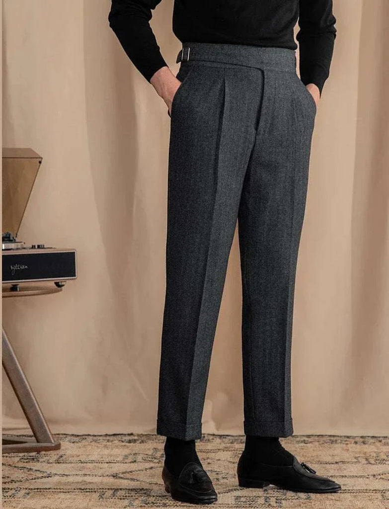 Antonios vintage wool herringbone pants, full-length, smart casual style.