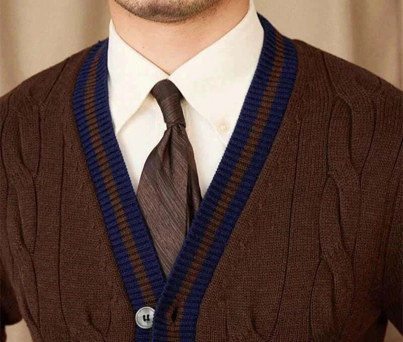 Antonios twisted knit cardigan in Italian vintage style worn with a shirt and tie.