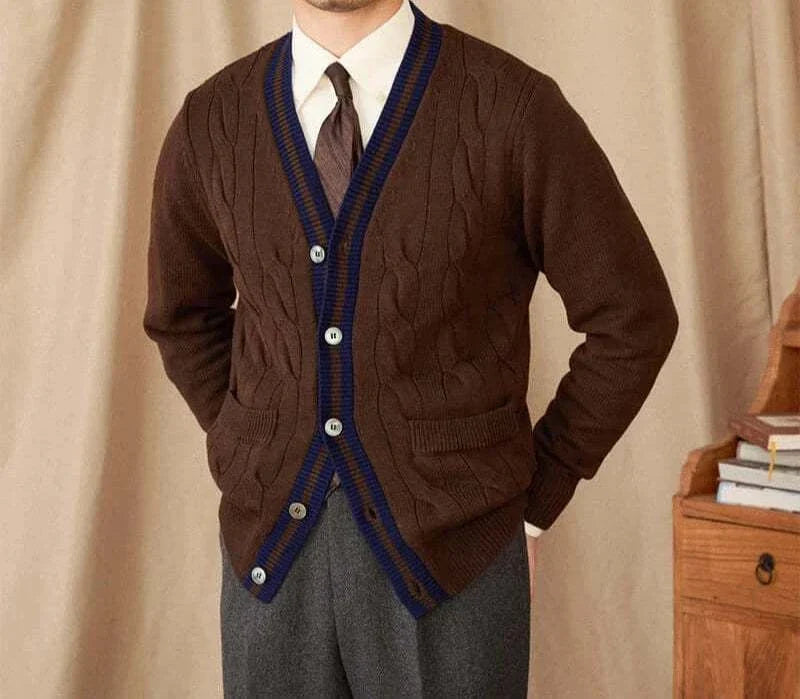 Antonios twisted knit cardigan in Italian vintage style, brown with blue trim, men's fashion.