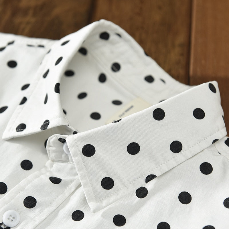 collar white long sleeve shirt with black dot pattern design for summer outfit for men