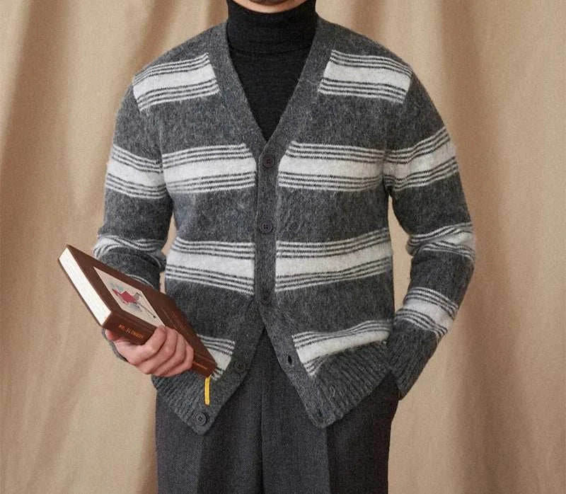 Antonios striped wool v-neck cardigan for men in gray and white stripes.
