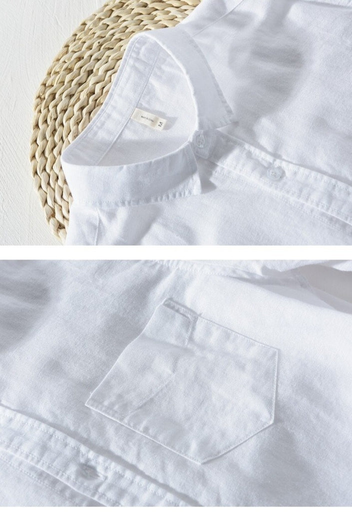 details of white long sleeve casual shirt made of cotton and linen for men