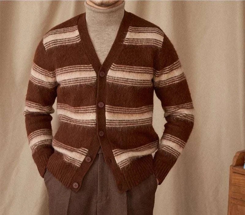 Antonios striped wool v-neck cardigan in brown and white stripes, winter essential.