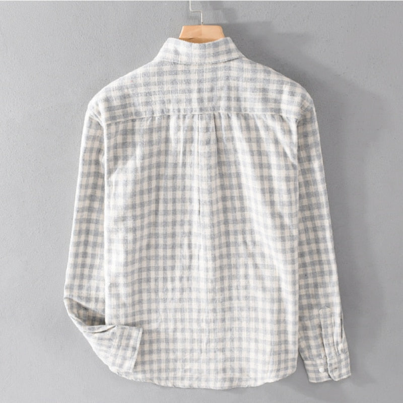 white back shirt with plaid pattern for men made of cotton and linen