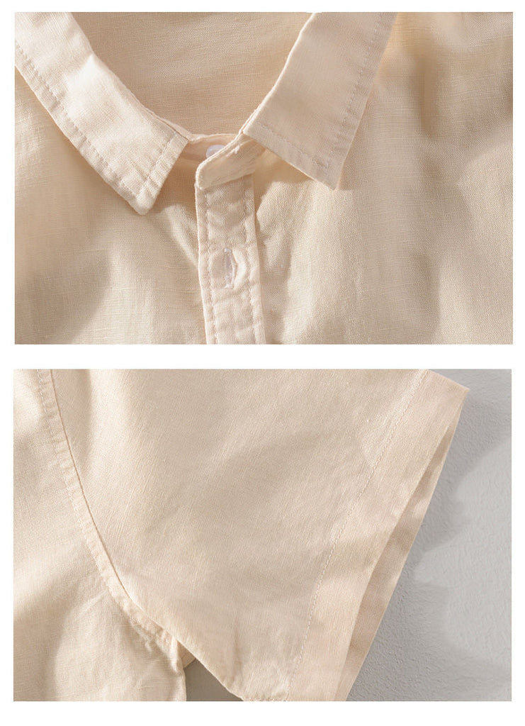 details of khaki short sleeve shirt for men made of linen and cotton blend for smart casual outfit 