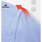 Close-up of a light blue cotton fabric corner with a red arrow pointing to the seam and a '100% cotton' badge, plus small care icons on a white background.