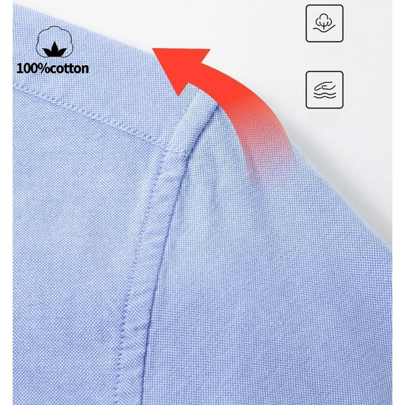 Close-up of a light blue cotton fabric corner with a red arrow pointing to the seam and a '100% cotton' badge, plus small care icons on a white background.