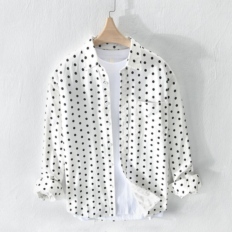 white long sleeve shirt with black dot pattern design for summer outfit for men