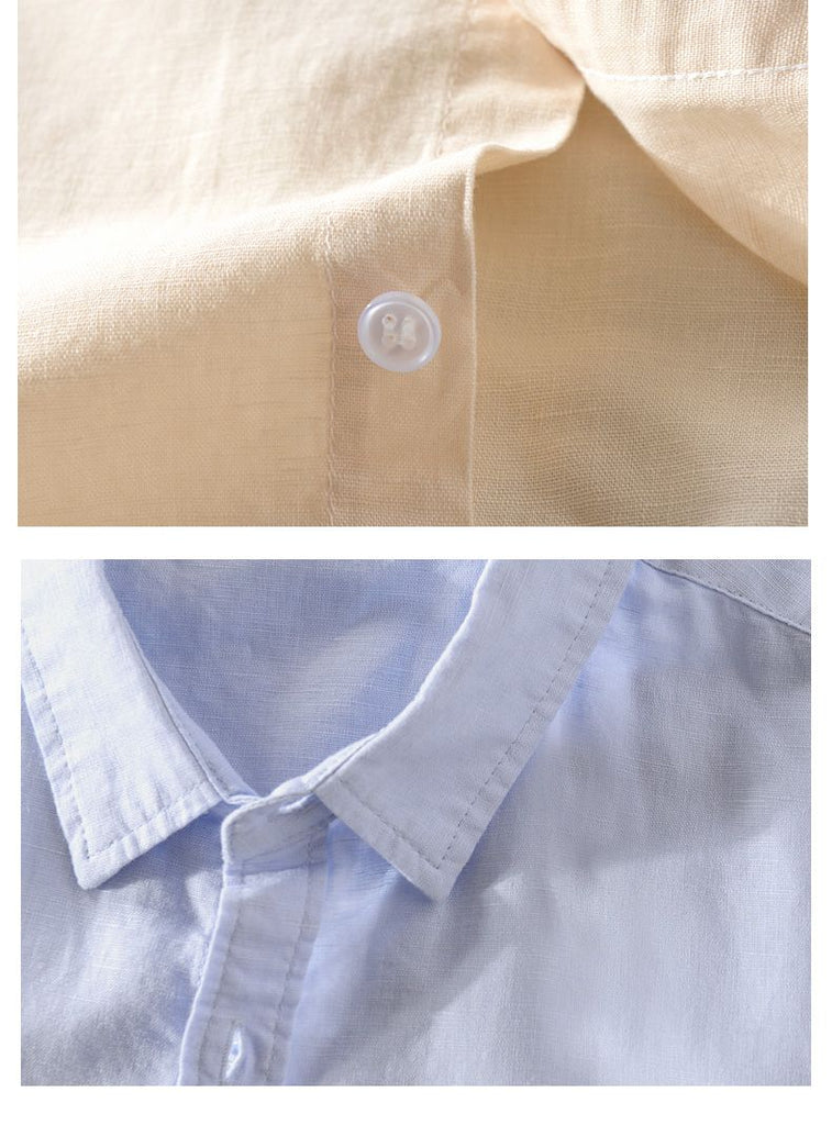 khaki and blue short sleeve shirt for men made of linen and cotton blend for smart casual outfit 
