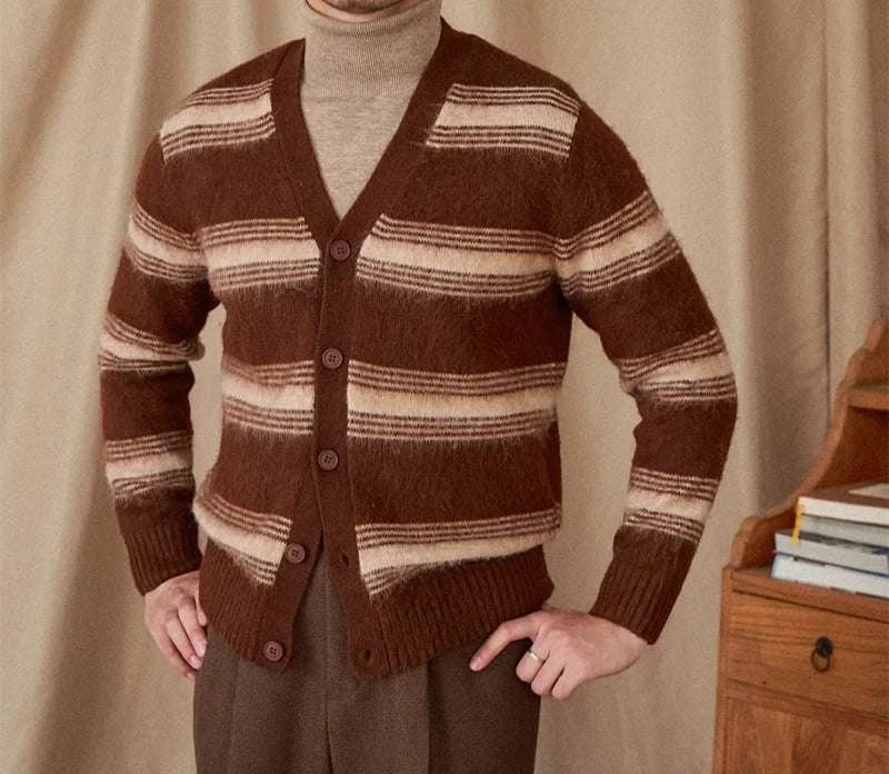 Antonios striped wool v-neck cardigan for men, perfect winter layering essential.