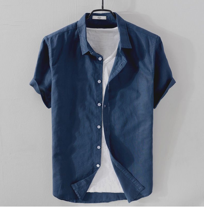 dark blue short sleeve shirt for men made of linen and cotton blend for smart casual outfit 