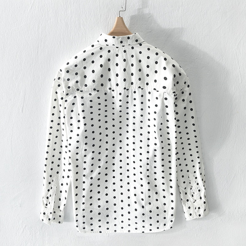 white black long sleeve shirt with black dot pattern design for summer outfit for men