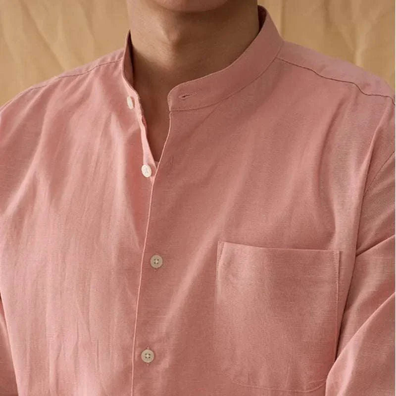 Antonios cotton-linen long sleeve shirt in pink with button-up design.