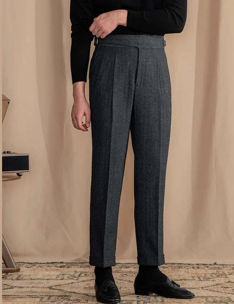 Antonios vintage wool herringbone pants, smart casual style in full-length grey polyester.