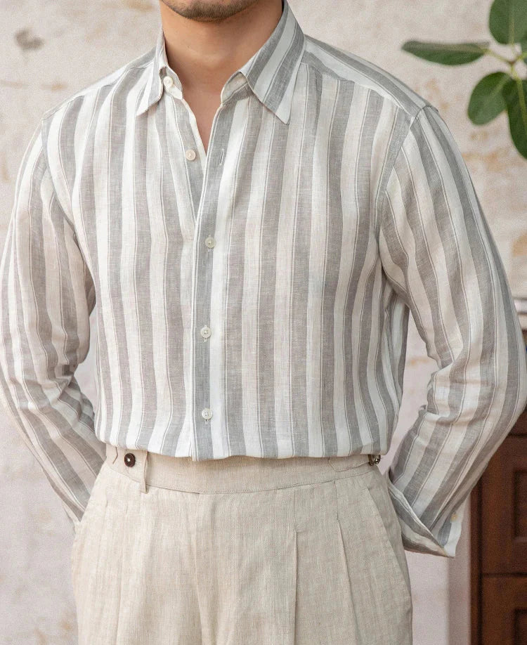 Summer thin linen strip casual shirt for men, relaxed fit.