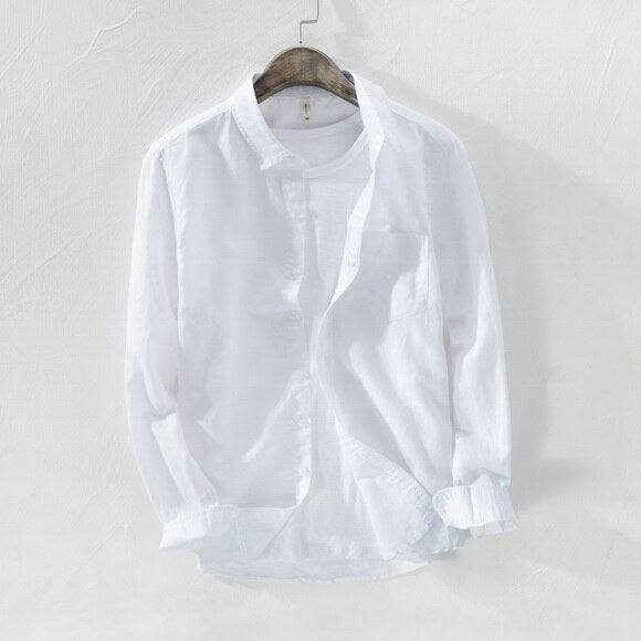 white long sleeve casual shirt made of cotton and linen for men