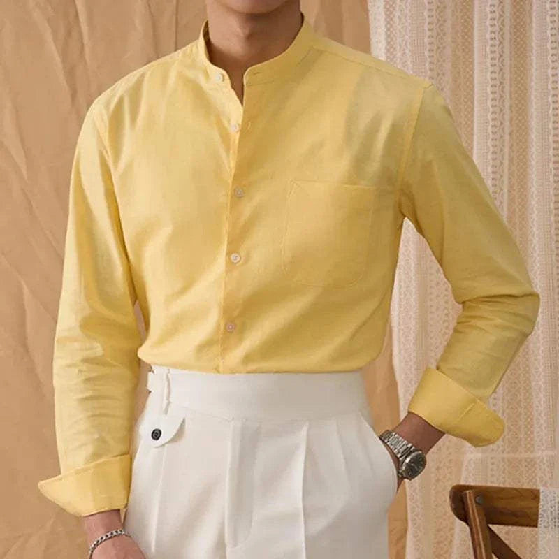 Antonios cotton-linen long sleeve shirt in yellow, featuring a stylish design and perfect fit for men.