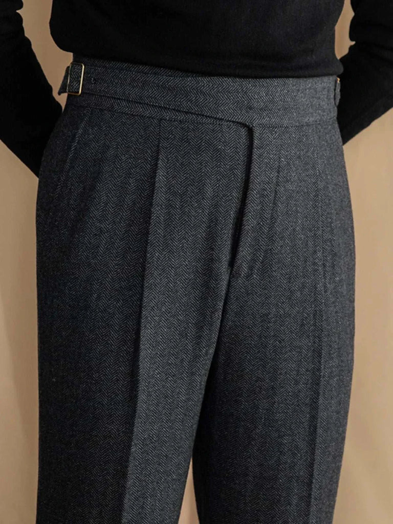 Antonios vintage wool herringbone pants in elegant dark tone.