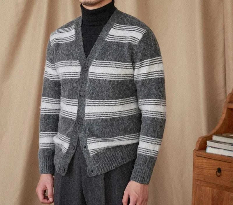 Antonios striped wool v-neck cardigan for men, winter essential.
