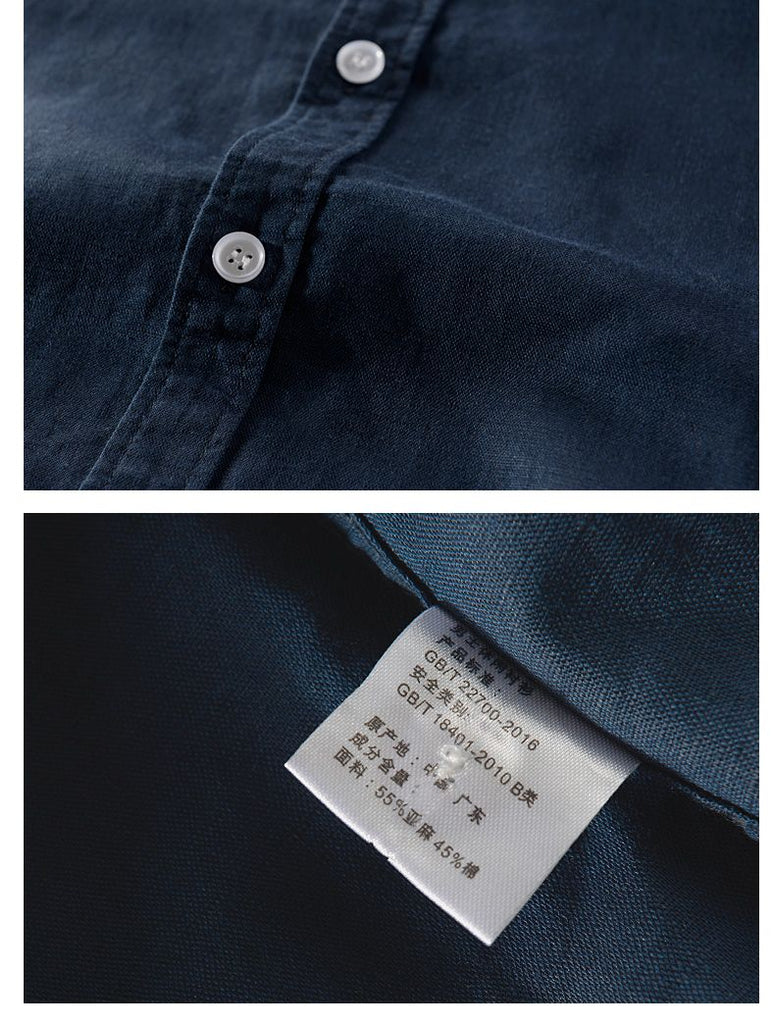 details of dark blue short sleeve shirt for men made of linen and cotton blend for smart casual outfit 