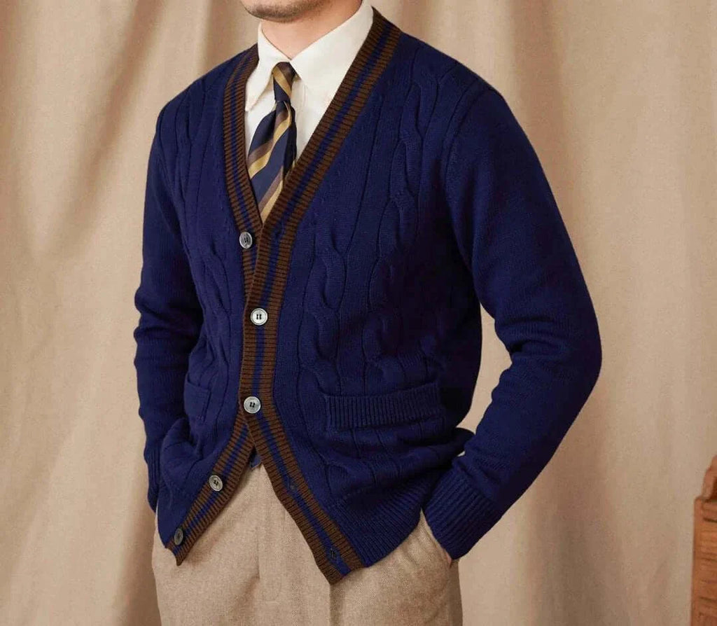 Antonios twisted knit cardigan in Italian vintage style, made of thin wool, perfect for men's fashion.