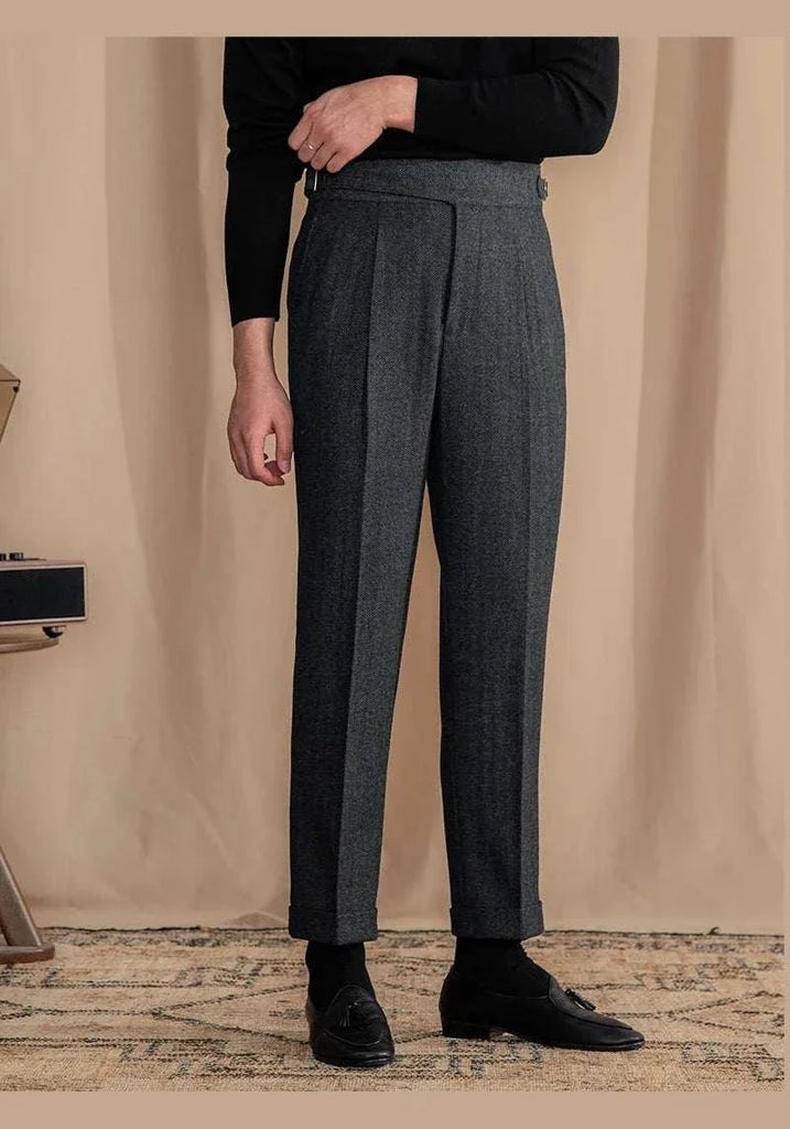 Antonios vintage wool herringbone pants, smart casual full-length style.