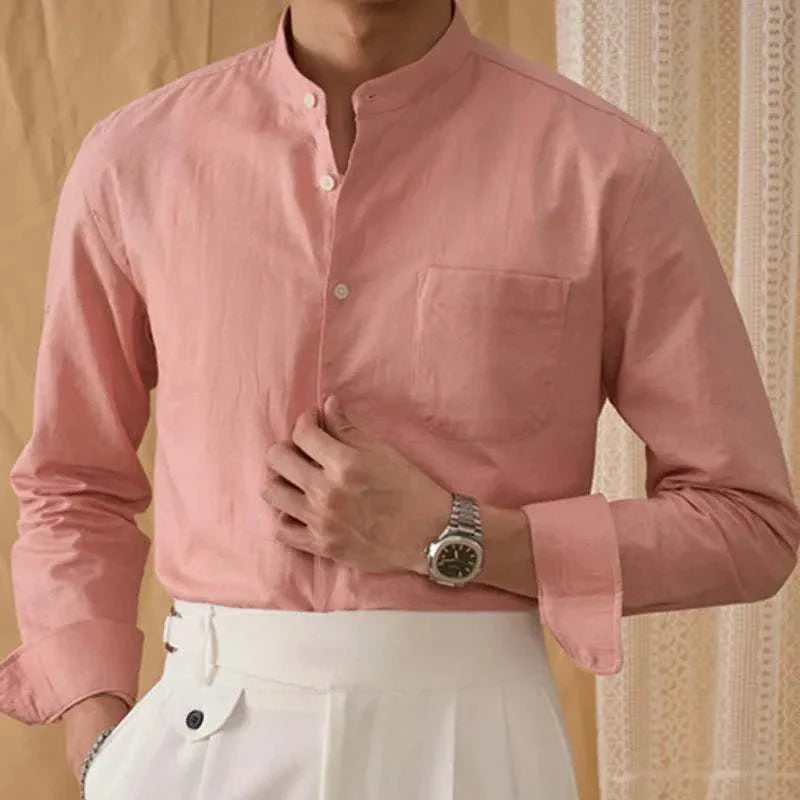 Antonios cotton-linen long sleeve shirt for men in pink, showcasing stylish design and comfortable fit.