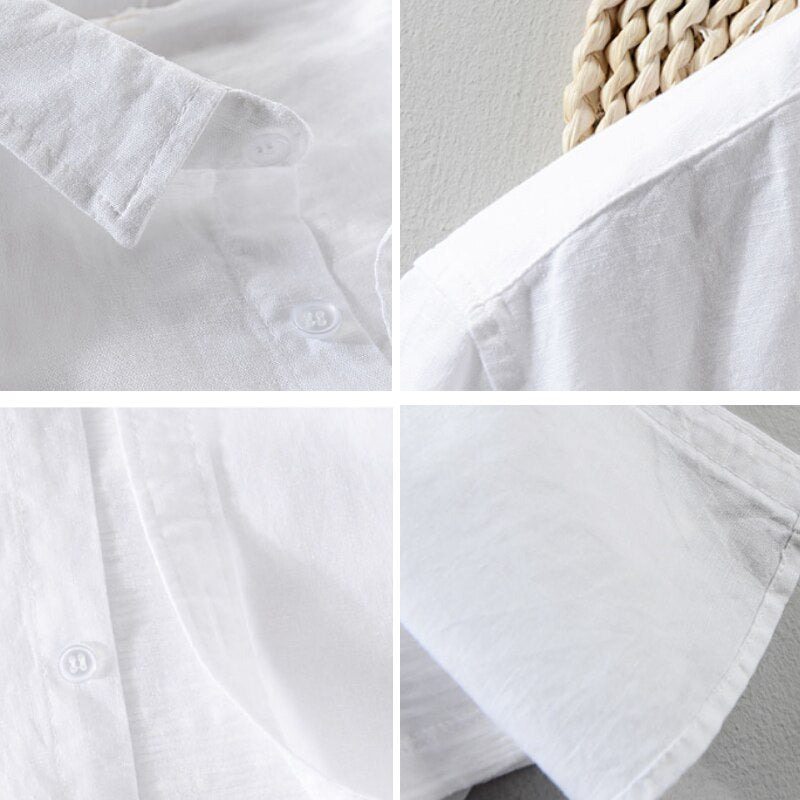 details of white short sleeve shirt for men made of linen and cotton blend for smart casual outfit 