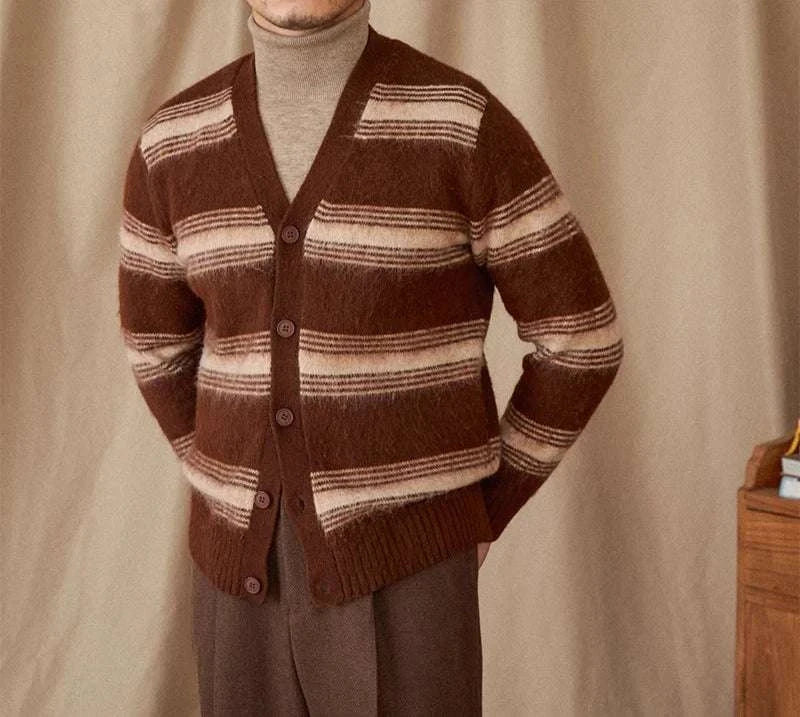 Men's striped wool v-neck cardigan, brown and beige winter essential.