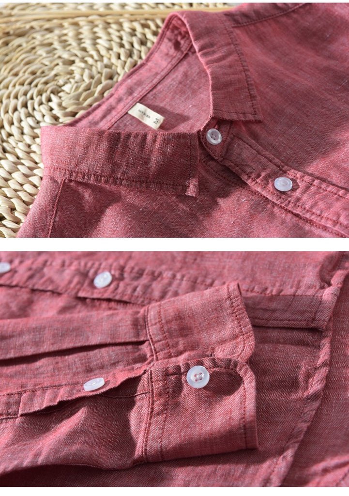 details of red long sleeve casual shirt made of cotton and linen for men