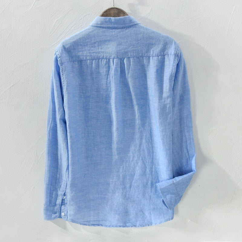 back sky blue long sleeve casual shirt made of cotton and linen for men