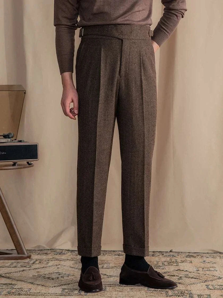 Antonios vintage wool herringbone pants, full-length smart casual style.