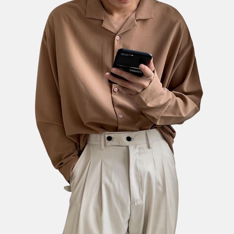 Korean Loose Fit Shirt for men, formal and breathable design in brown fabric.