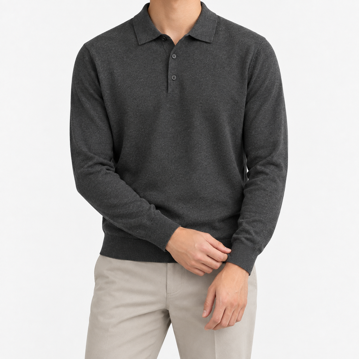 Fine knit long sleeve wool blend polo in dark gray, front model view
