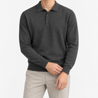 Fine knit long sleeve wool blend polo in dark gray, front model view
