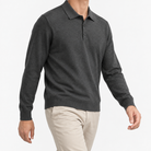 Fine knit long sleeve wool blend polo in dark gray, three-quarter model view