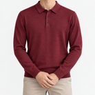 Fine knit long sleeve wool blend polo in wine red, front model view