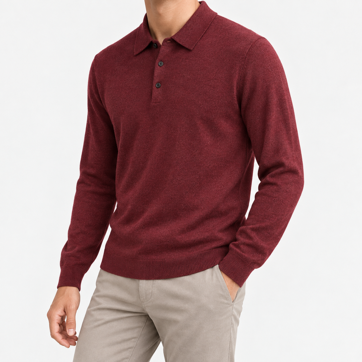 Fine knit long sleeve wool blend polo in wine red, three-quarter model view
