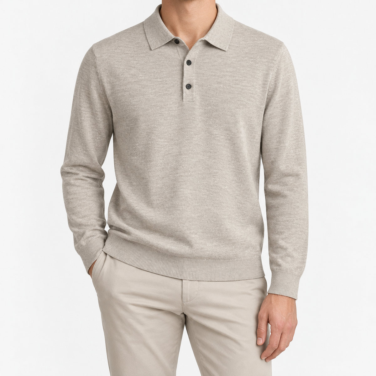 Fine knit long sleeve wool blend polo in beige, front model view