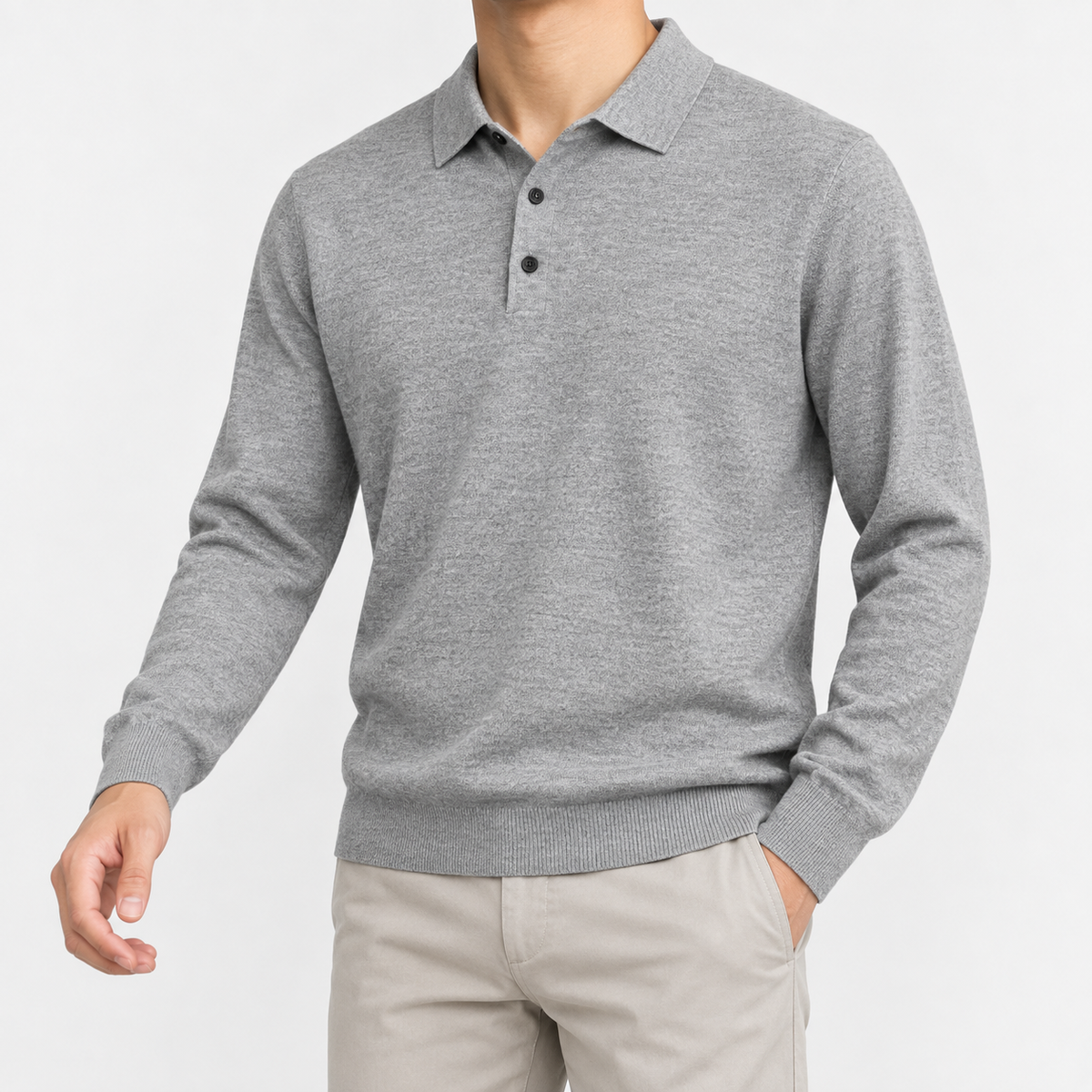 Fine knit long sleeve wool blend polo in light gray, front model view