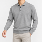 Fine knit long sleeve wool blend polo in light gray, front model view