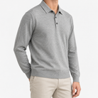 Fine knit long sleeve wool blend polo in light gray, three-quarter model view